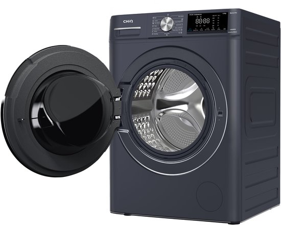 Lave-linge gris foncé avec la porte ouverte, le tambour visible et le panneau de commande avec écran.