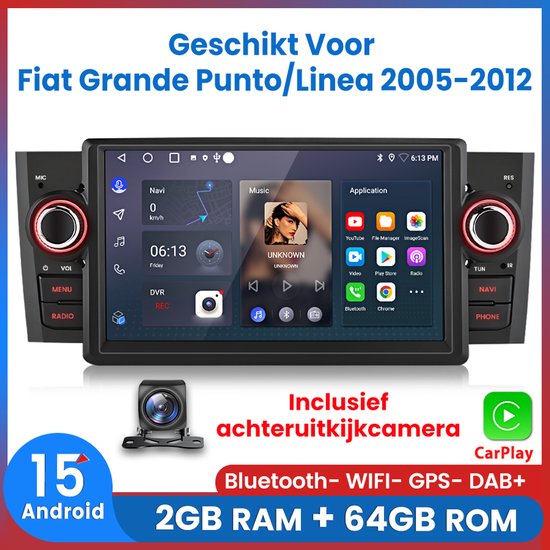 Awesafe 7 Inch Autoradio - Geschikt Voor Fiat Grande Punto/Linea 2005 t/m 2012 - Draadloos Apple CarPlay & Android Auto - 2GB+64GB - Android 15.0 Systeem - Bluetooth & Wifi - GPS Navigatie - Radio Scherm - Mit achteruitrijcamera