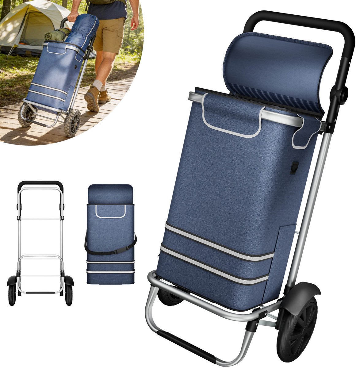 Opvouwbare Boodschappentrolley met Wielen – Boodschappenwagen 56L – Aluminium Transportwagen 30 kg – Blauw– Klapbare Bolderkar voor Boodschappen en Camping
