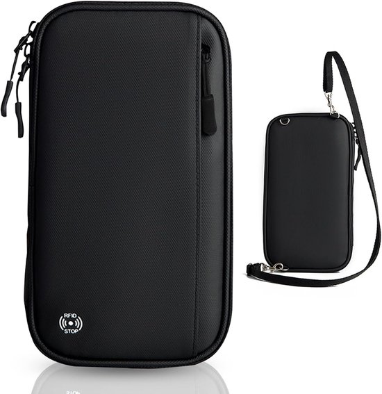 Luxe RFID-Blokkerende Paspoort Houder - Familie Reisportemonnee voor 6 Paspoorten - Waterdichte Reisorganisator met Schouderriem - Zwart - 23x13cm - Travel Wallet voor Tickets & Telefoon