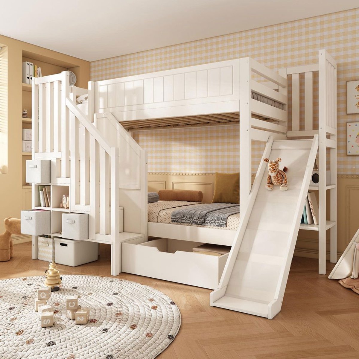 KOMHTOM Stapelbed voor kinderen 90×200 cm met glijbaan, ladderkast, grote lades en open plank, wit, lattenbodem, veiligheidsnorm EN747-1:2024, ideaal voor gezinnen met meerdere kinderen, zonder matras
