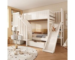 BLACKCOLORS Stapelbed voor kinderen 90×200 cm met glijbaan, ladderkast, grote lades en open plank, wit, lattenbodem, veiligheidsnorm EN747-1:2024, ideaal voor gezinnen met meerdere kinderen, zonder matras