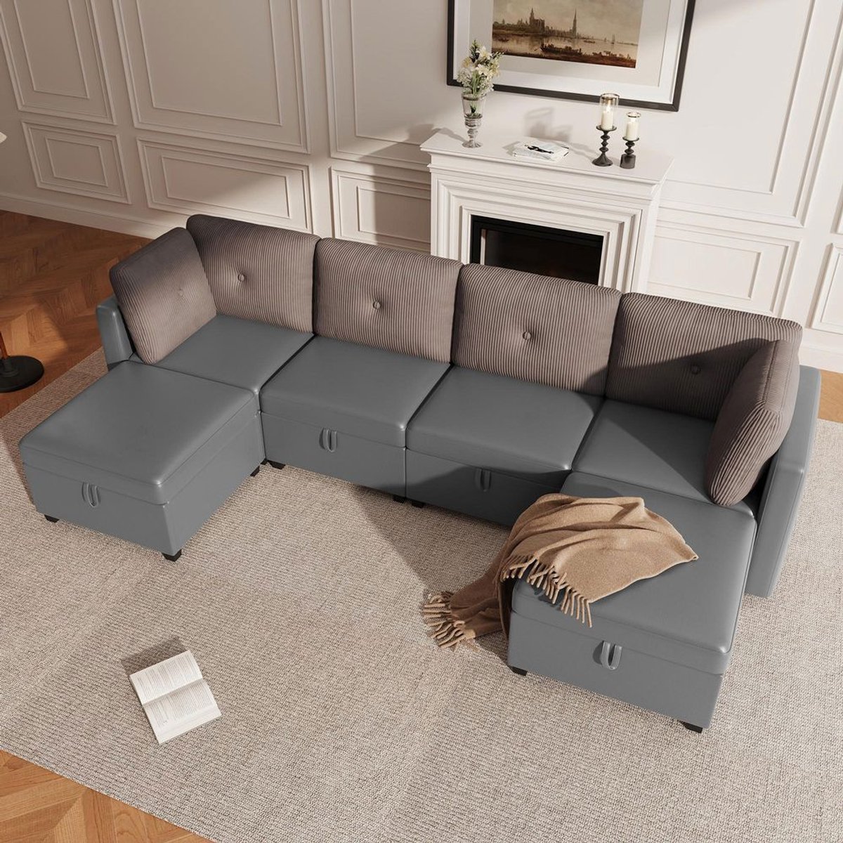 KOMHTOM BLACKCOLORS Modulaire U-vormige bank met 6 modules en opbergruimte – Multifunctionele hoekbank voor de woonkamer, om te vormen tot L-vormige bank/ligbed/losse fauteuil, fluweel + ribfluweel in contrasterend design, schuim met hoge dichtheid Antiekgrijs