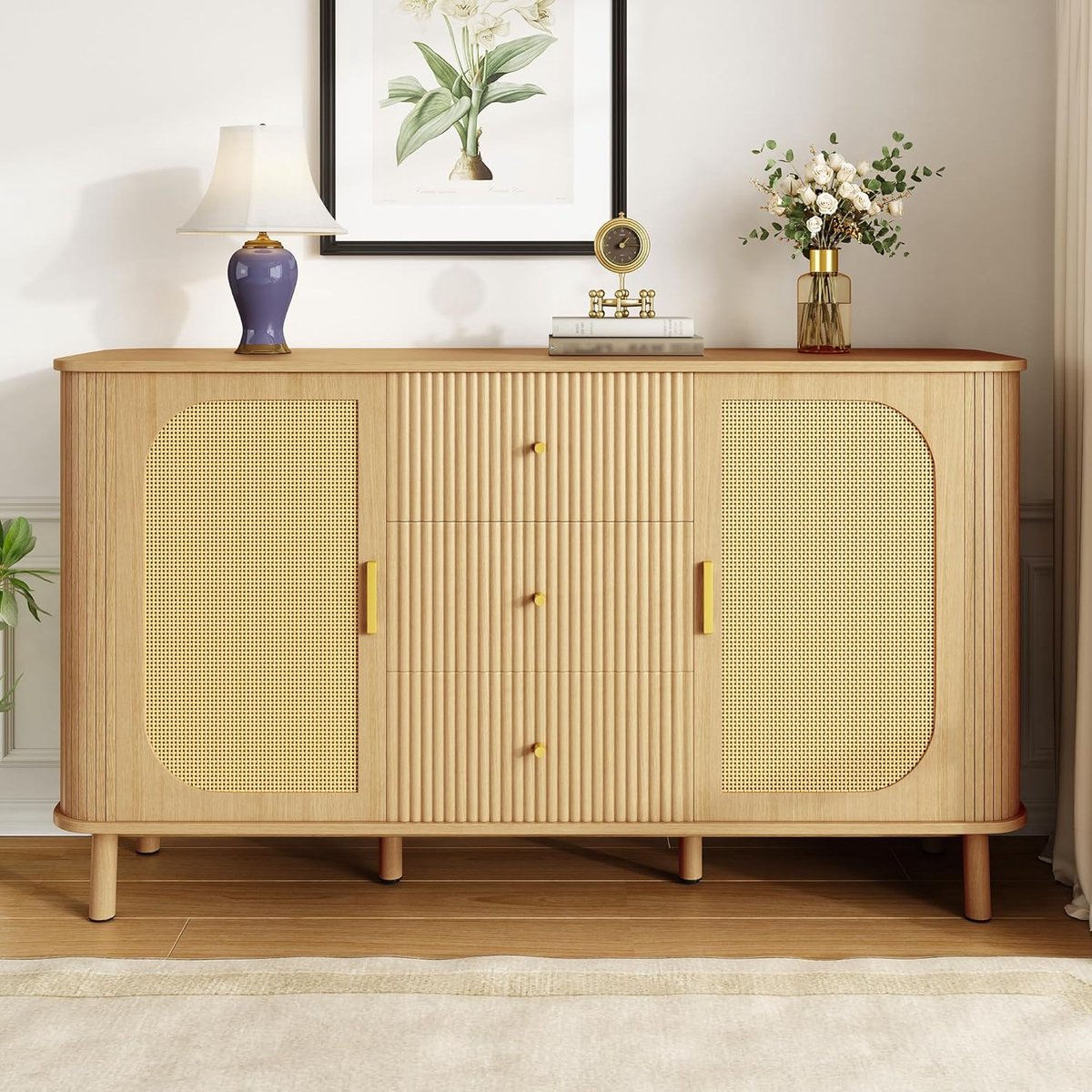 Modern Dressoir - Opbergkast Sideboard - Woonkamer Meubel - Rotan Deur Golf Lades - 140x40x80 cm - Houtkleur