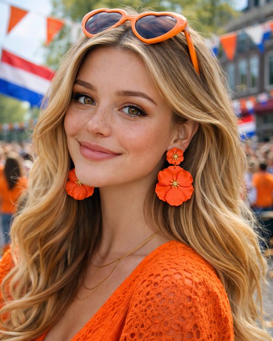 VILLA COCO Oranje bloem - Koningsdag - Lichtgewicht - Oranje oorbellen - Moderne oorstekers - Dames oorhangers - RVS - Voetbal