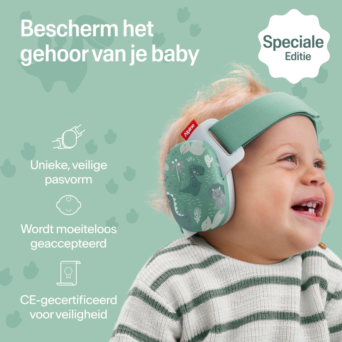 Alpine Muffy Baby Comfort (12-48 Maanden) - CE & ANSI Gecertificeerde Koptelefoon Baby - Verstelbare Gehoorbescherming Baby en Kinderen - Unieke Hoofdband voor Veilige & Comfortabele Pasvorm - 24 dB Demping - Happy Dinos – foto 2