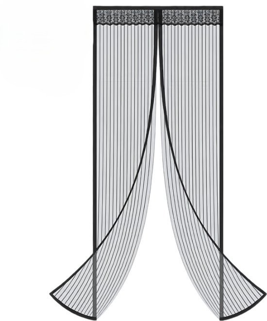 Zwart magnetisch vliegengordijn met kantrand boven, met verticale strepen en golvende zoom.