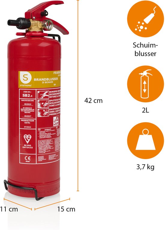 Smartwares 10.014.97 - Brandblusser Schuim 2L - Incl ophangbeugel - Brandklasse AB - BSI Gecertificeerd