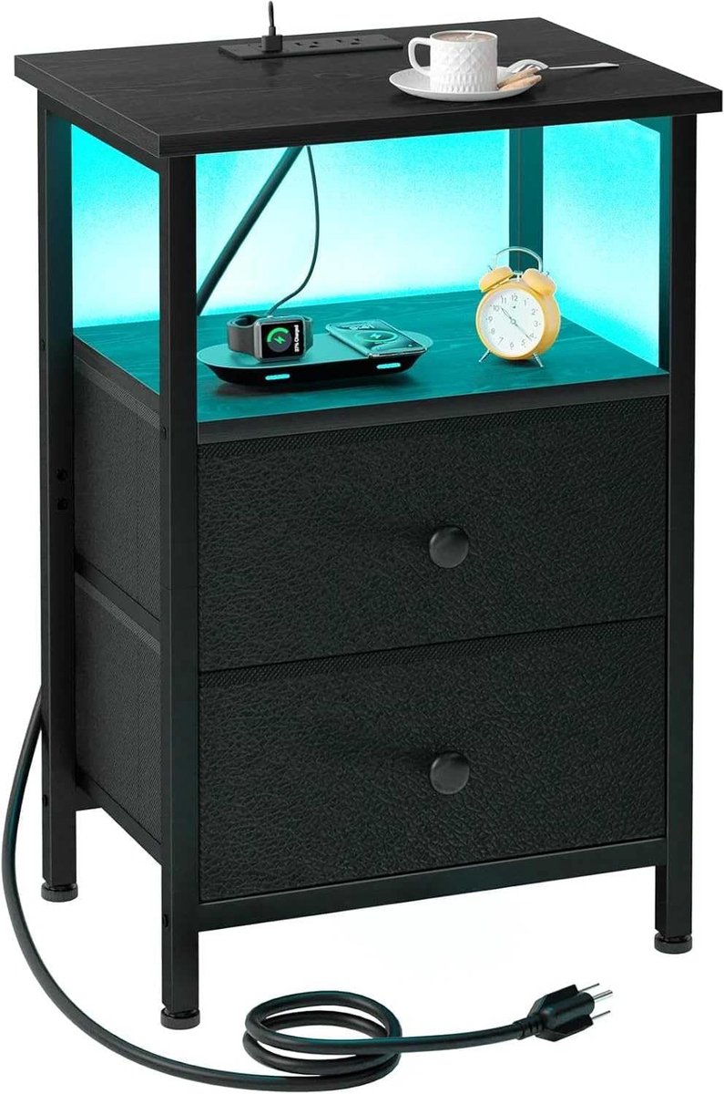 FurnStar Nachtkastje met Oplaadstation – Bijzettafel met App-gestuurde Verstelbare LED Verlichting – 1 Open Vak & 2 Laden – Inktzwart / Ebbenzwart