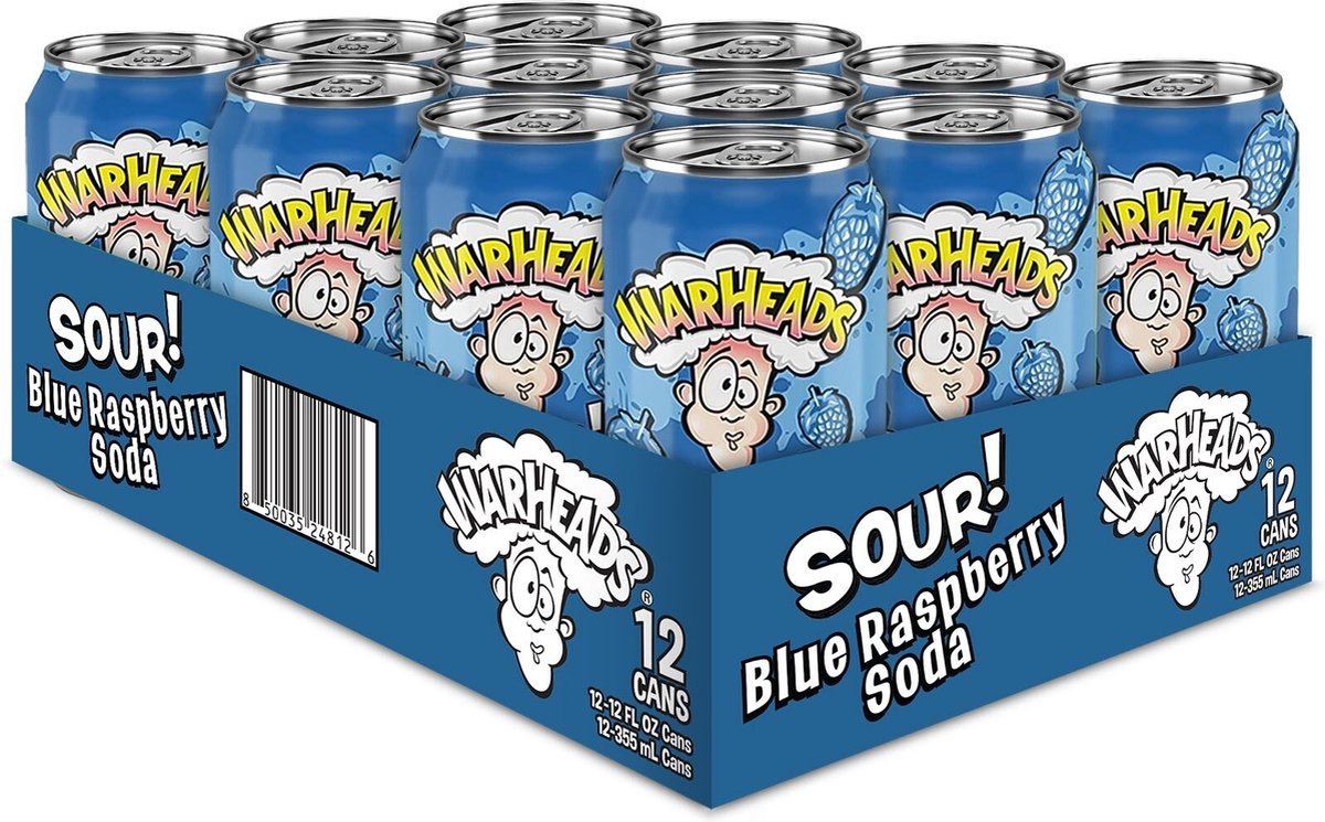 Warheads Blue Raspberry Soda 12-pack – Zure Frisdrank Blikjes 355 ml – Amerikaanse Soda – Sour Candy Drink