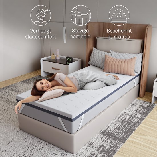 Femme sur un sur-matelas, avec des icônes pour le confort de sommeil, la fermeté et la protection du matelas.