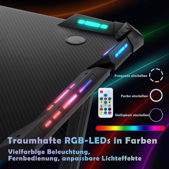 Gaming Bureau - Werktafel Bureau - Comfortabel Gamen - Ingebouwde LED Verlichting - 140x60x74 cm - Zwart — afbeelding 3