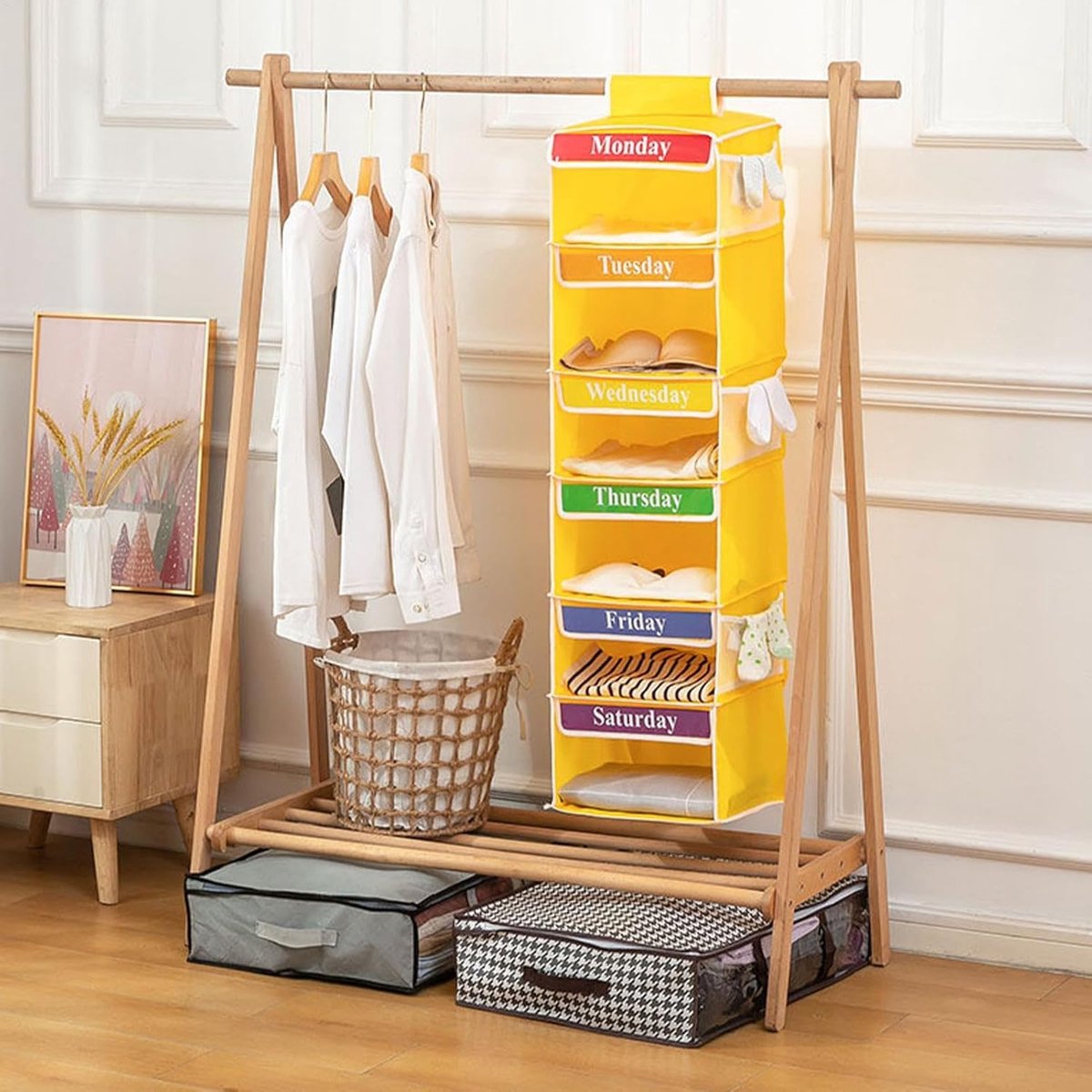 Kleding Organizer - Kast Opberger - Kinder Garderobe - Wekelijkse Indeling - 6 Planken - Geel