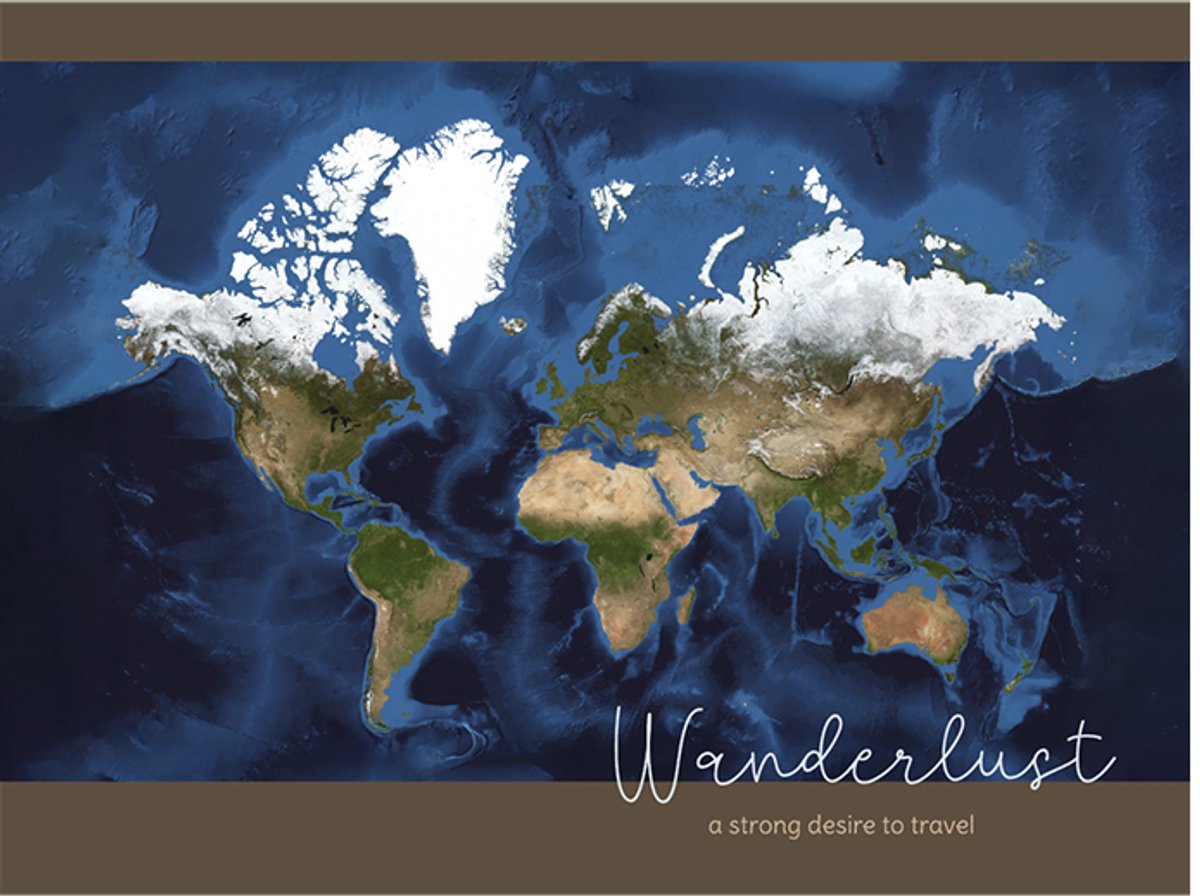 Wereldkaart 40x30 cm - Aluminium - Voelbaar 3D Reliëf - Donkerbruin - World map - Wanderlust - Vintage - Retro - Muurdecoratie - Wanddecoratie
