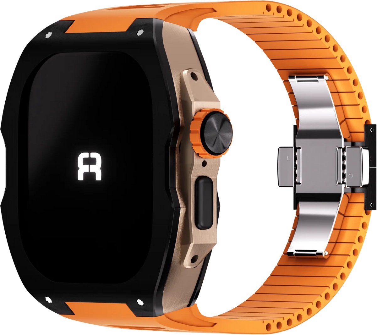 Reqior beschermhoesje met bandje TPU & Rubber – geschikt voor Apple Watch Ultra 49mm – schokbestendig, comfortabel – Zwart & Oranje