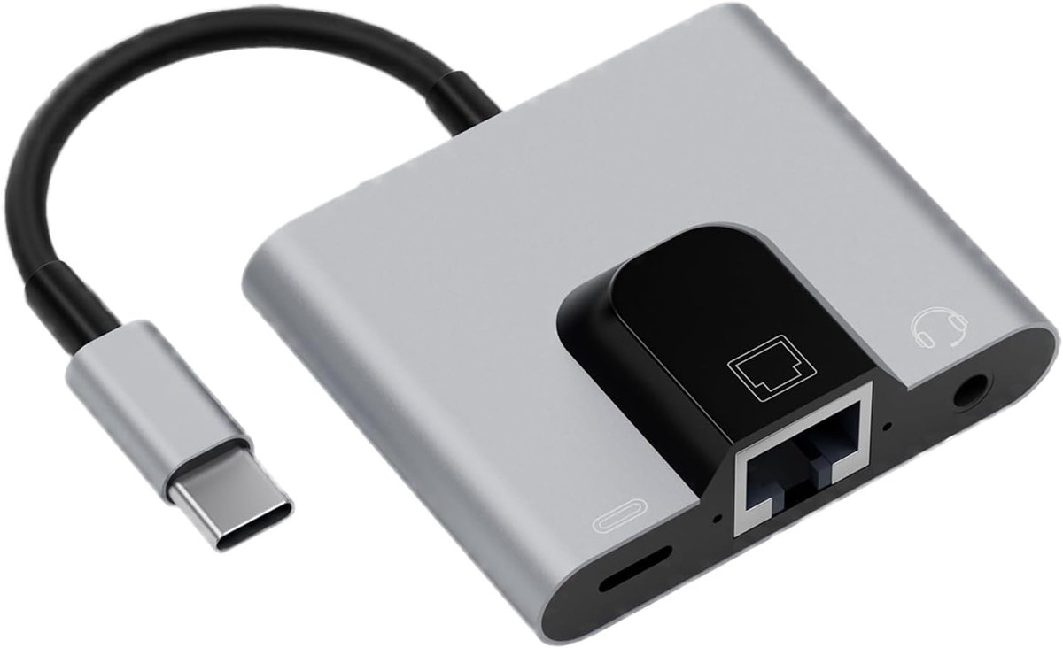 USB C Hub - Ethernet Adapter Dongle - Snelle Connectiviteit - Aluminium Legering - 14.6x5.5x1.6cm - Grijs