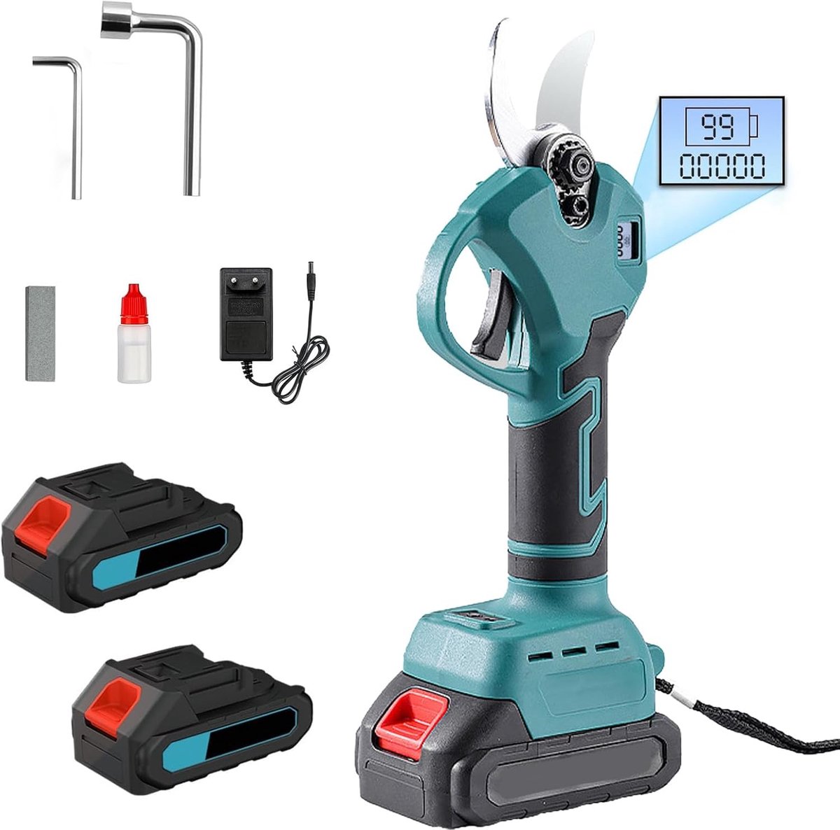 Draadloze Snoeischaar 21V – Elektrische Takkenschaar met Borstelloze Motor, SK5 Messen, Snijdiameter 25 mm, 2 Accu’s 2,0 Ah + Oplader