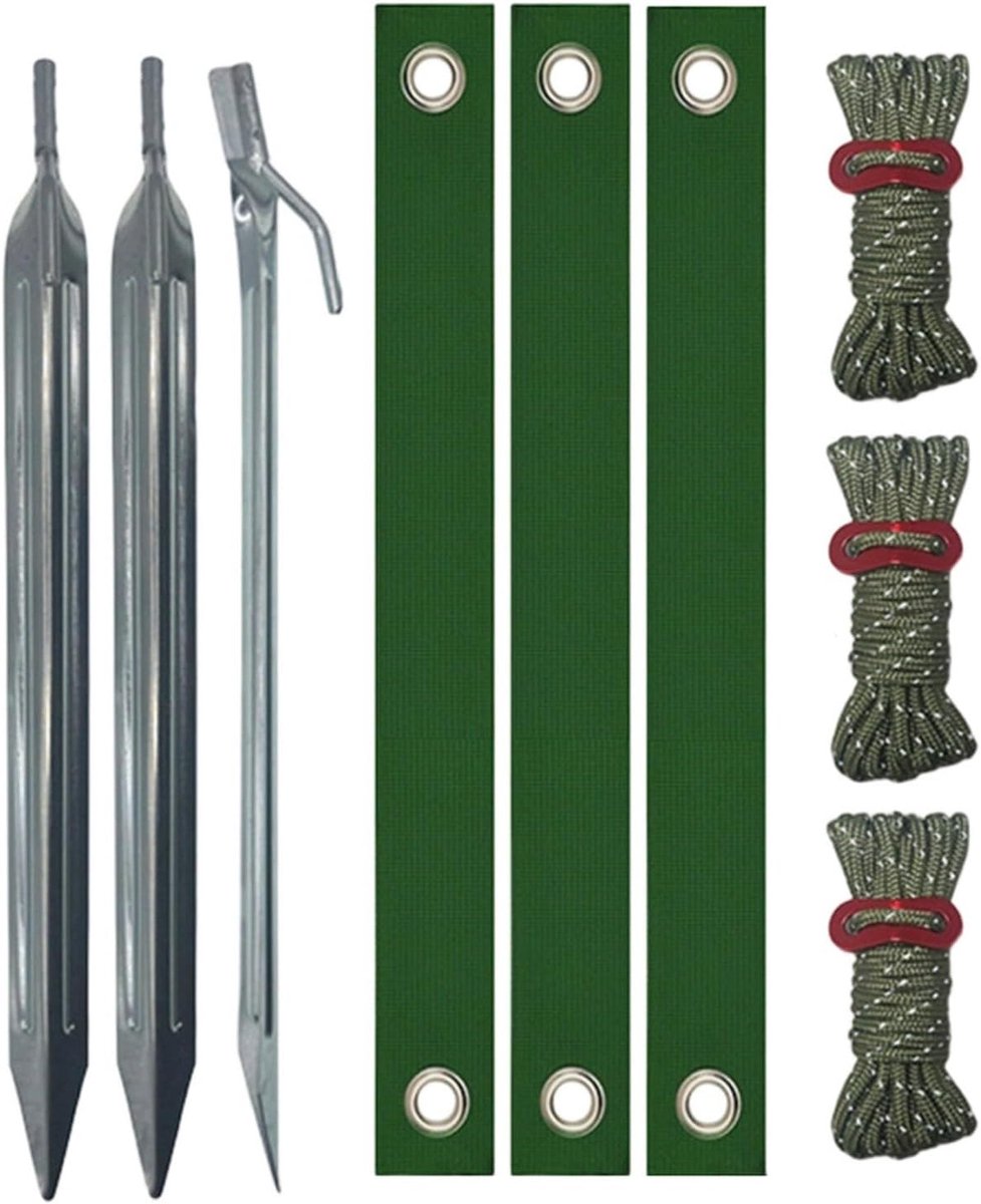 Boombevestigingsset - Steunriemen - Planten Stabiliseren - 9-delig Zilveren Nagels - 30cm Spikes 4m Touw - Groen