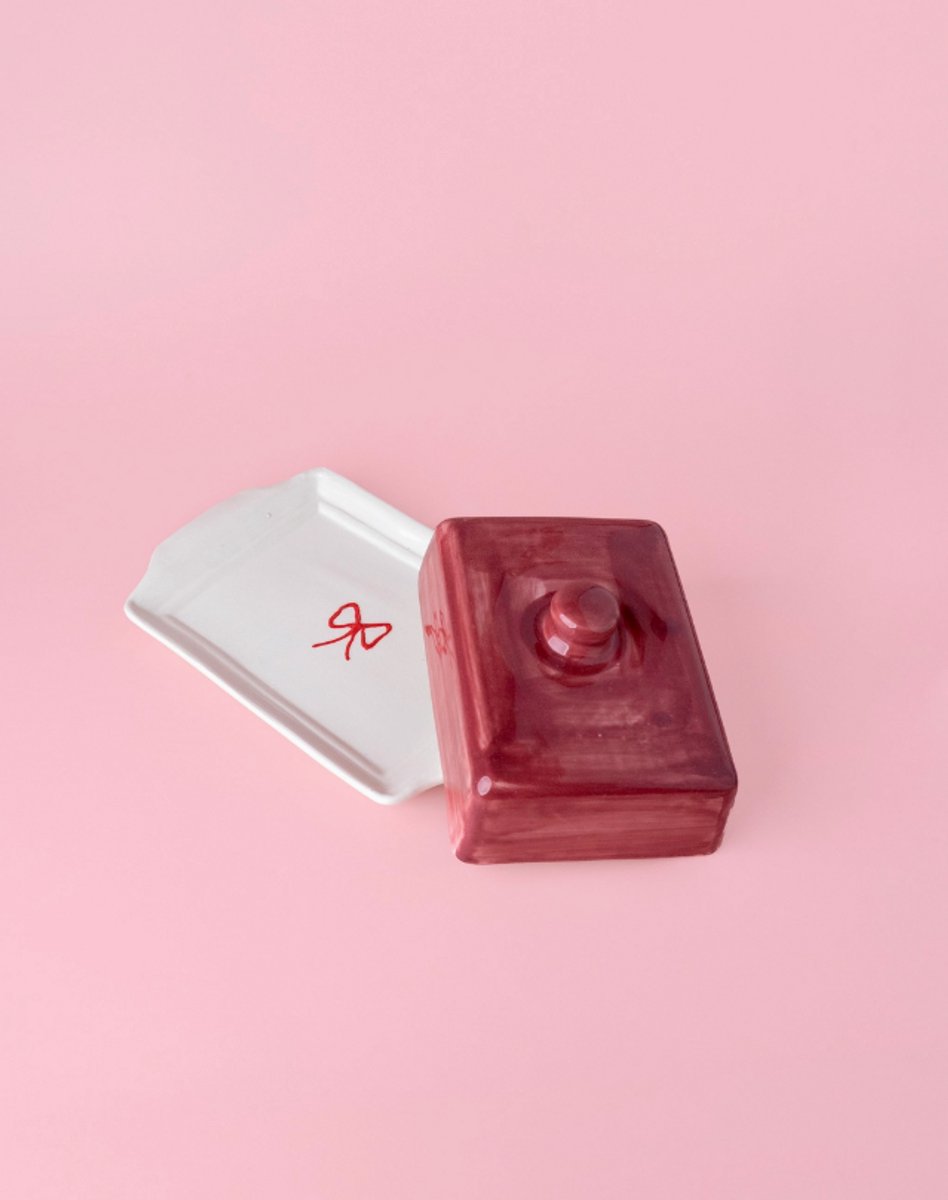 Botervloot - Rood/Roze Wit strik - Kookliefhebber - Handmade - Keramisch - Raspen - Schaven - Vegan - Vintage
