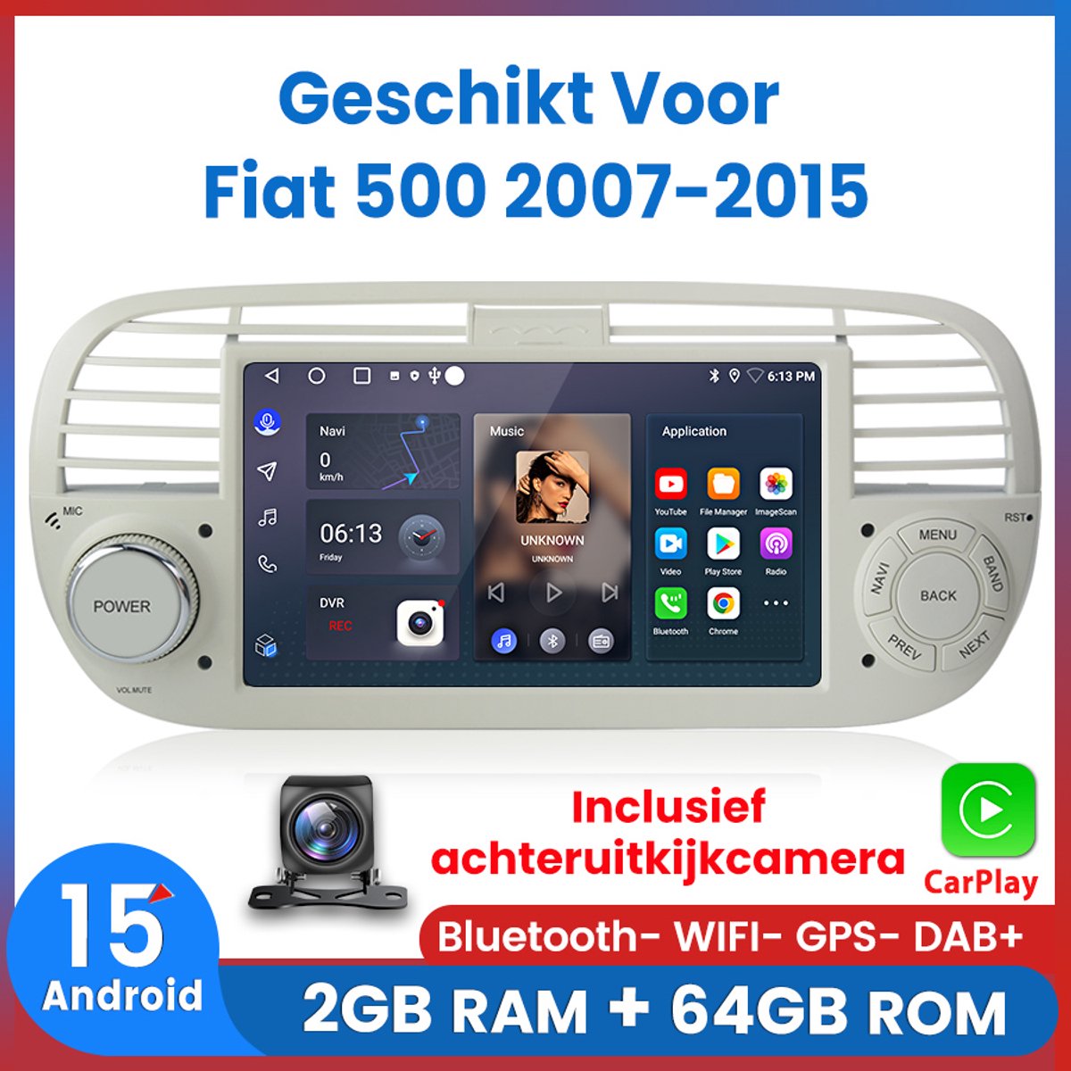 Awesafe Android 15.0 Systeem Autoradio - Geschikt Voor Fiat 500 2007 t/m 2015 - Mit achteruitkijkcamera - 2GB+64GB - Draadloos Carplay Android Auto - GPS RDS Bluetooth - Navigatie - Wit - 2007 2008 2009 2010 2011 2012 2013 2014 2015