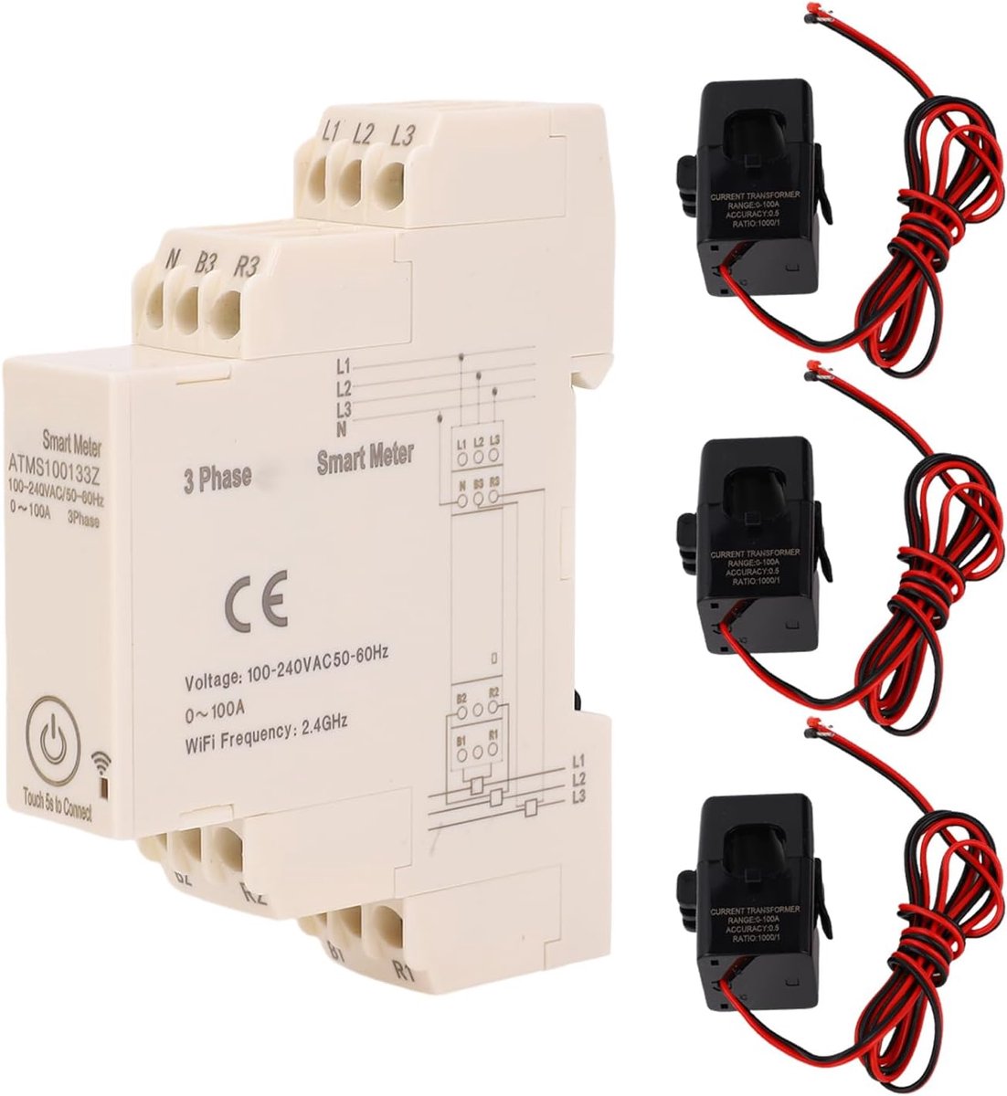 Driefase Vermogensmeter - Energiemeter - Realtime Data - App Bediening - 100A CT-sensoren
