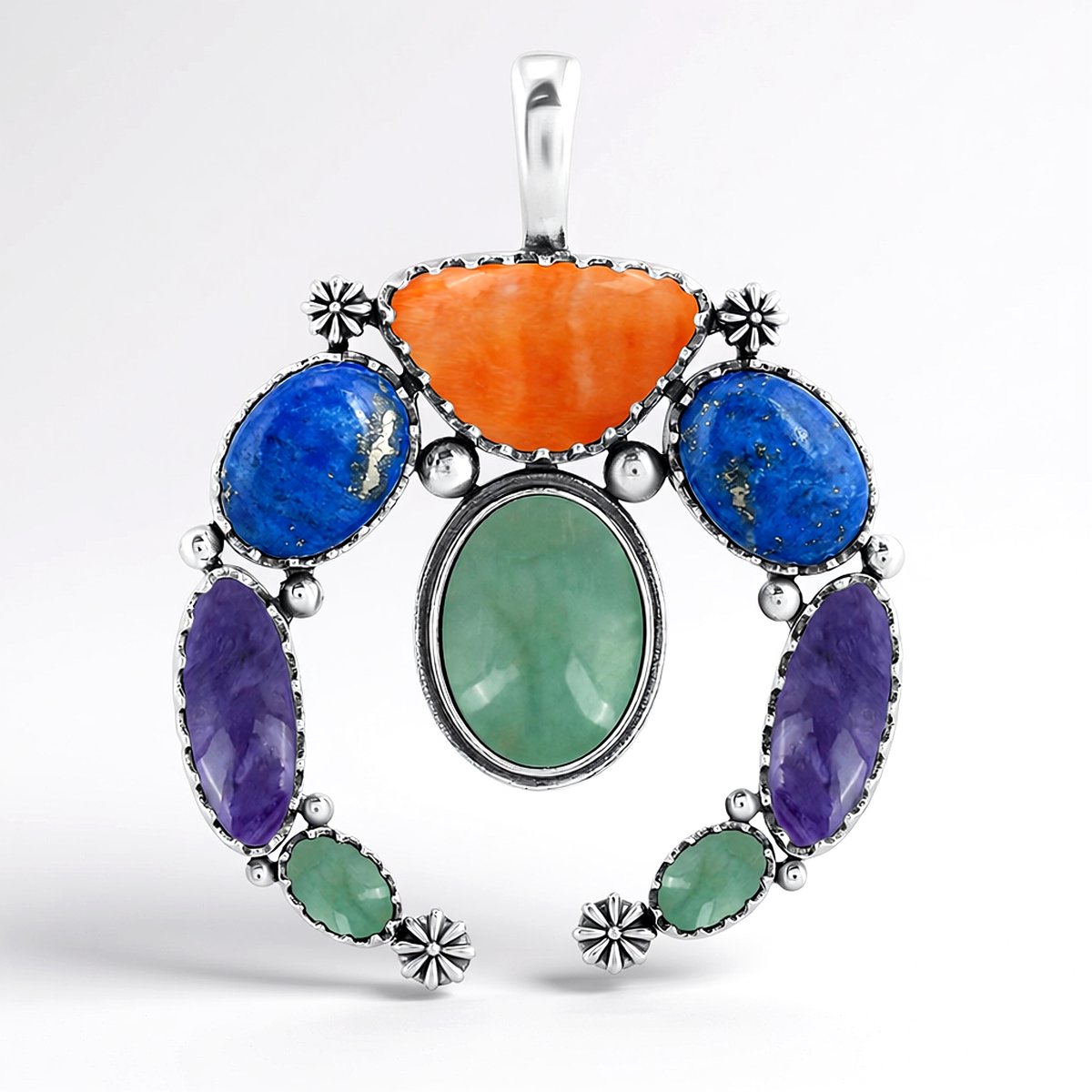 Cavill - Zilveren Hanger 925 Sterling Zilver - Oranje Oester 11,16 ct - Multicolor Edelstenen 47,93 ct - Handgemaakt Design