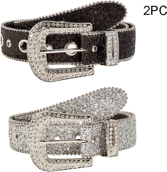 2 Pièces Ceintures de Pantalon - ceinture pour femmes - ceinture strass pour femmes - ceinture - ceinture pour hommes - Avec paillettes et diamants - Ceinture Western cowboy pour femmes - Ceinture en denim scintillante avec clous - Noir et blanc
