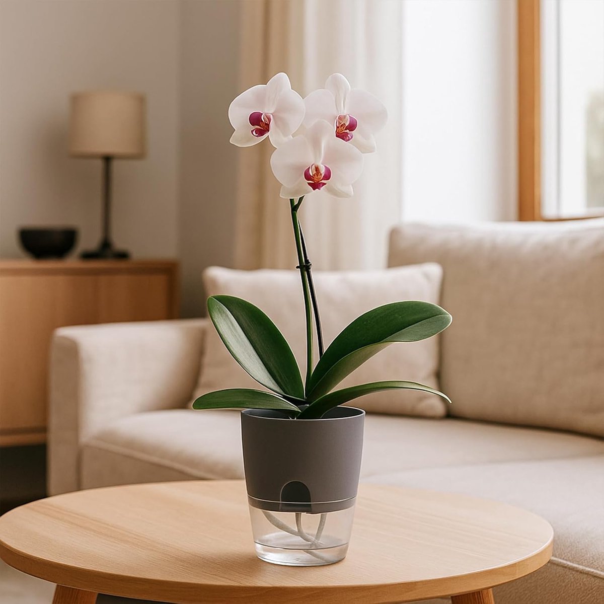 Set van 3 zelfwaterende bloempotten - Bloempotten - Transparante bloempotten - Met drainagegaten en waterabsorberend touw - Kunststof - Grijs — cadeau in Cadeau-ideeën - foto 3