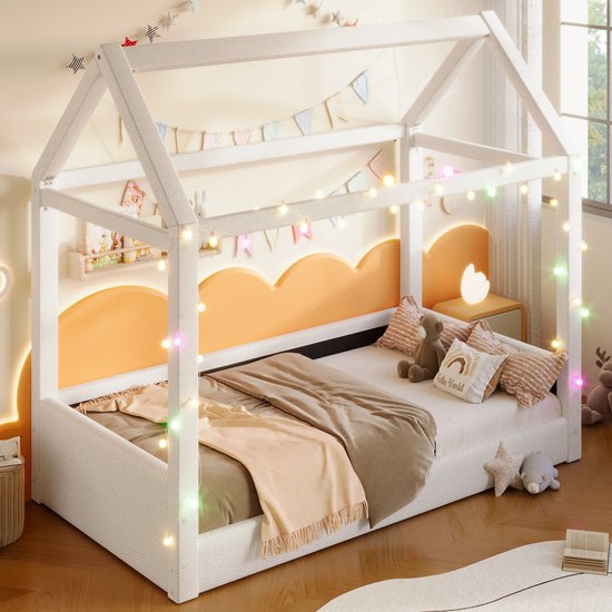 Wishdor Montessori Vloerbed / Huisbed (90x200 cm) - Volledig Gestoffeerd Peuterbed met LED Lichtslinger & Achterwand - Linnen - Beige