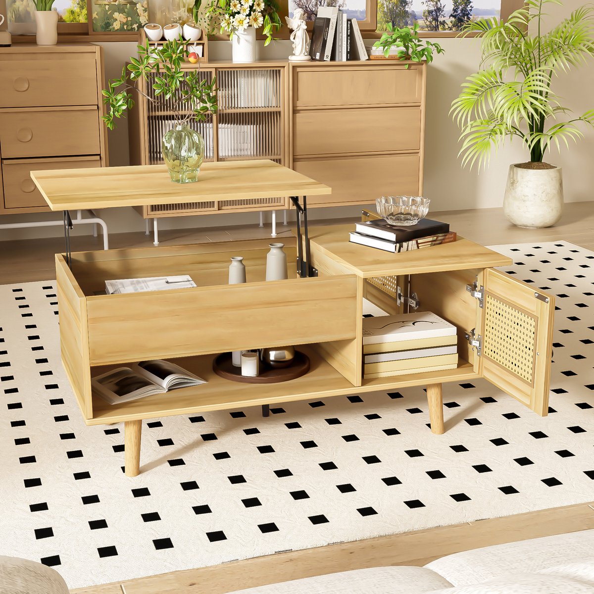 REDOM Salontafel 103x50x46 cm van spaanplaat, met opklapbaar tafelblad en rattanlook deuren
