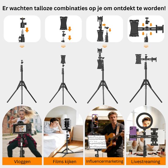 Vier illustraties van opstellingen voor vloggen, films kijken, influencer marketing en livestreams. Een man speelt gitaar.