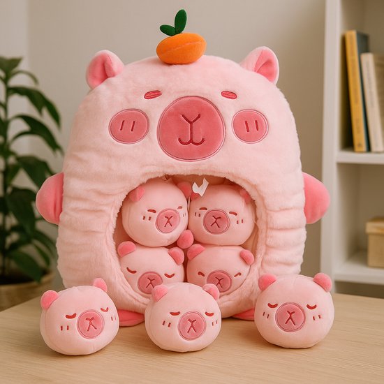 Magnitoys™ - Capibara Knuffelkussen 40 cm - Kawaii Pluche - Transparant Buikvenster met Mini Capibara’s - Super Zacht, Squishy Cadeau van Merkloos — afbeelding 4