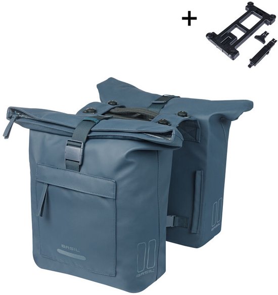 Basil Brooklyn - Dubbele fietstas - 41 Liter - Incl. MIK adapterplaat - Waterdicht - Reflectie details - Gerecycled materiaal - blauw