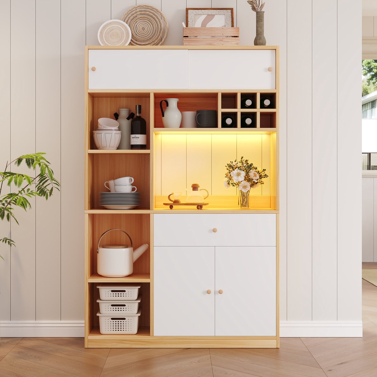 Keukenkast - 115x35x180 cm - Buffetkast met LED - met Magnetronruimte en 3 Deuren - Hout - Wit