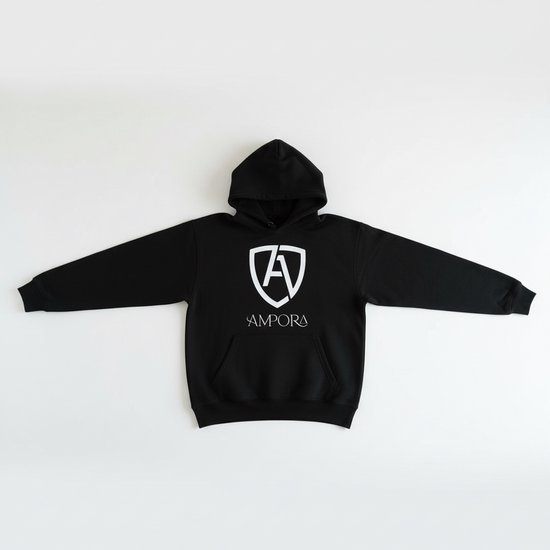 Zwarte AMPORA hoodie met wit logo en 'AMPORA' tekst, plat gelegd met mouwen wijd uitgestrekt.