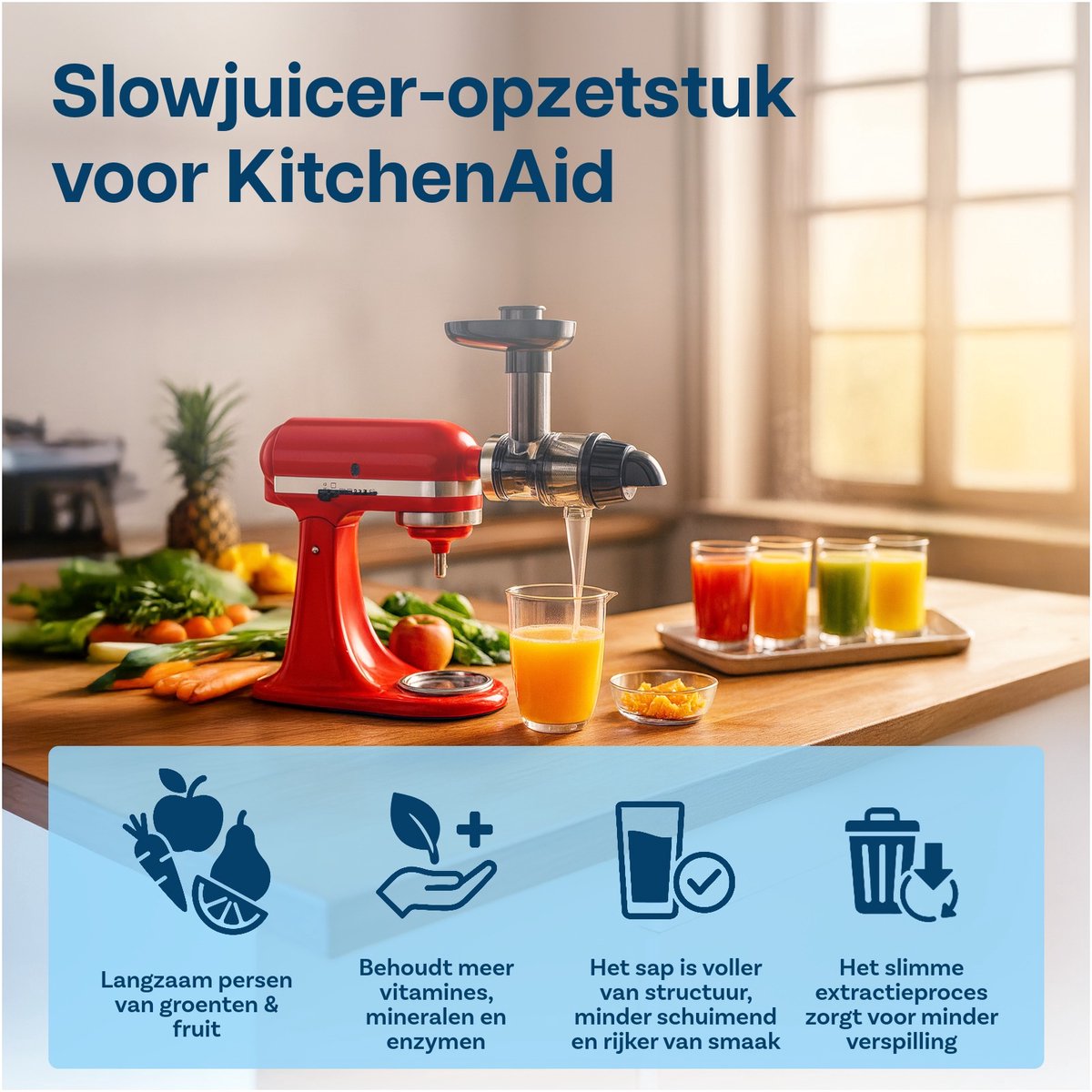 MMOBIEL Slowjuicer Opzetstuk voor KitchenAid Stand Mixer – Koudpers Slowjuicer & Sapcentrifuge voor Groente en Fruit – Inclusief zeef, voedselstamper en reinigingsborstel thumbnail 2