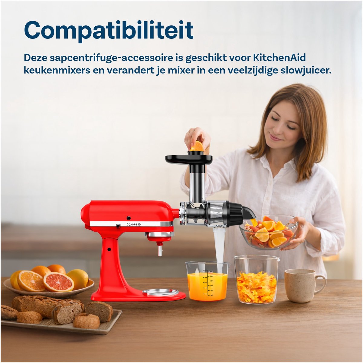 MMOBIEL Slowjuicer Opzetstuk voor KitchenAid Stand Mixer – Koudpers Slowjuicer & Sapcentrifuge voor Groente en Fruit – Inclusief zeef, voedselstamper en reinigingsborstel thumbnail 5