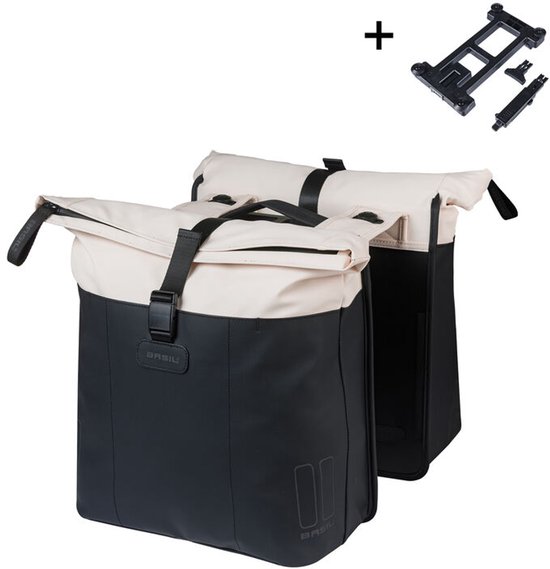 Basil Vive - Dubbele fietstas - 28-35 liter - Incl. MIK adapterplaat - Waterdicht - Reflectie details - Gerecycled materiaal - wit/zwart