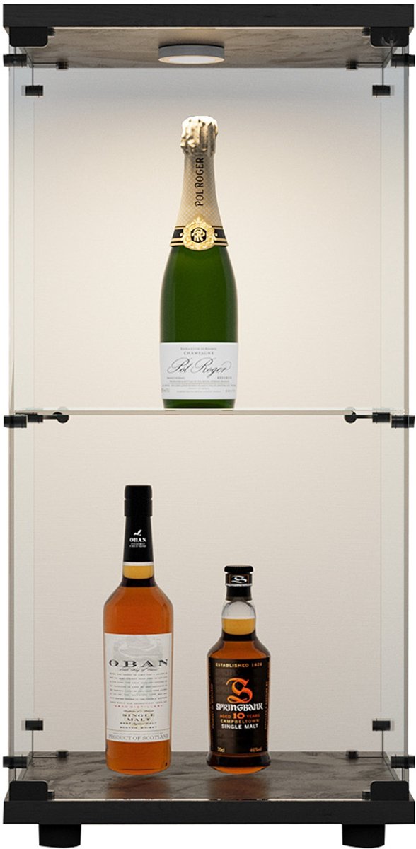 Glazen Vitrinekast met Slot en LED-verlichting – 1 Deur, 2 Legplanken – Veilig Gehard Glas – 40,35x36,5x86,2 cm – Zwart