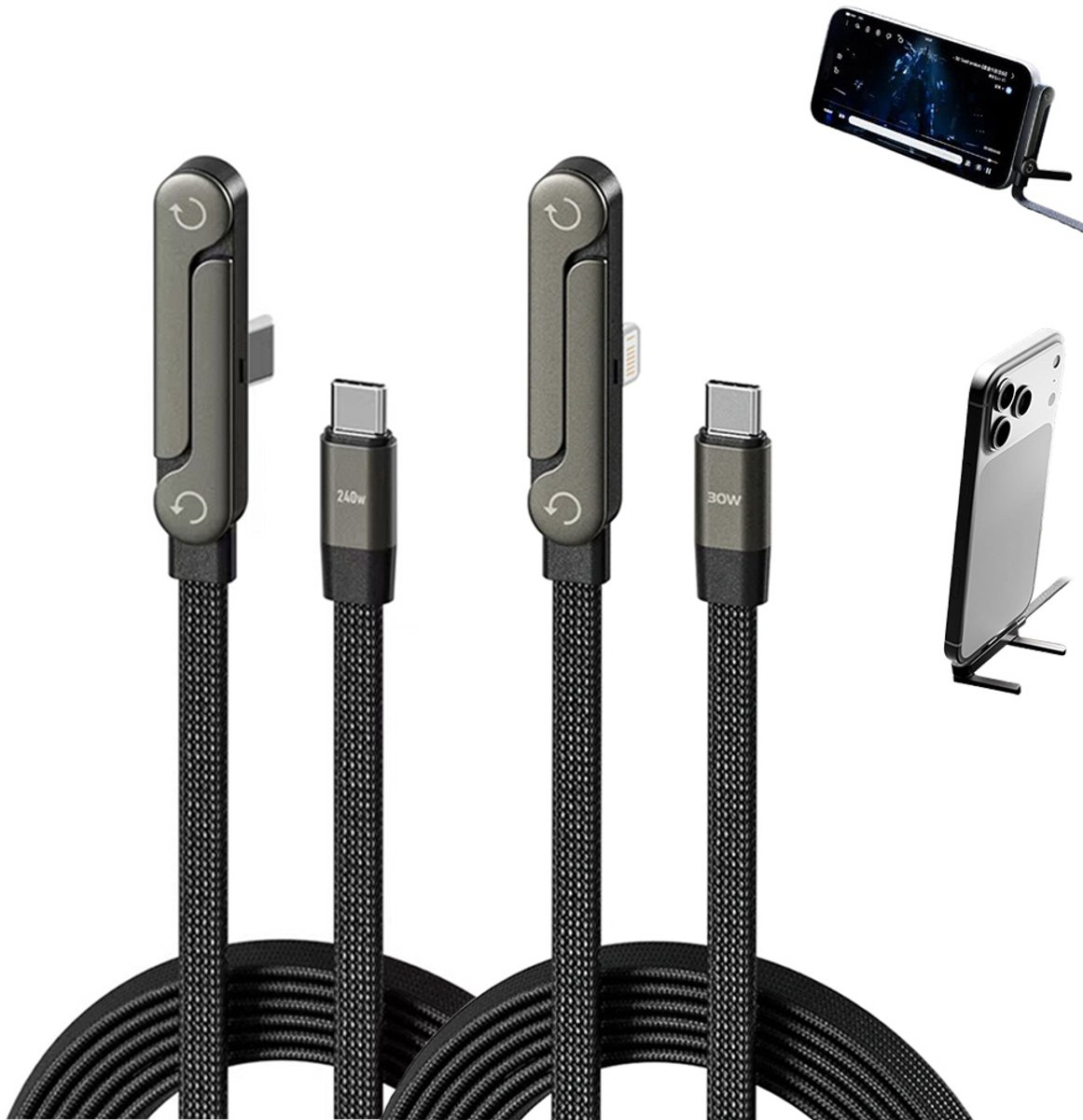 Namajunas - 2 Stuks - USB C Kabel - 2-in-1 Oplaadkabel USB C - Kabel USB C naar USB C & USB C naar Lightning - Snellader - 240 W - 1.5 Meter - Gevlochten - Met Geïntegreerde Inklapbare Telefoonstandaard - Geschikt voor iPhone, Samsung o.a