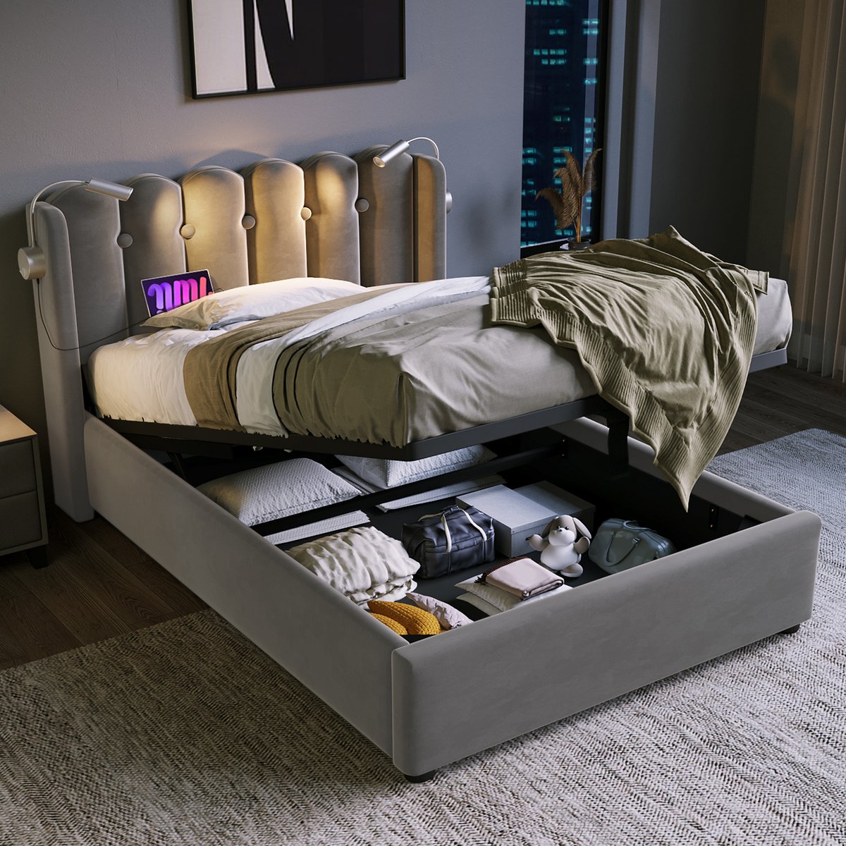 MODFU Bedframe 90x200 cm – Grijs fluweel met leeslamp & USB – Hydraulisch