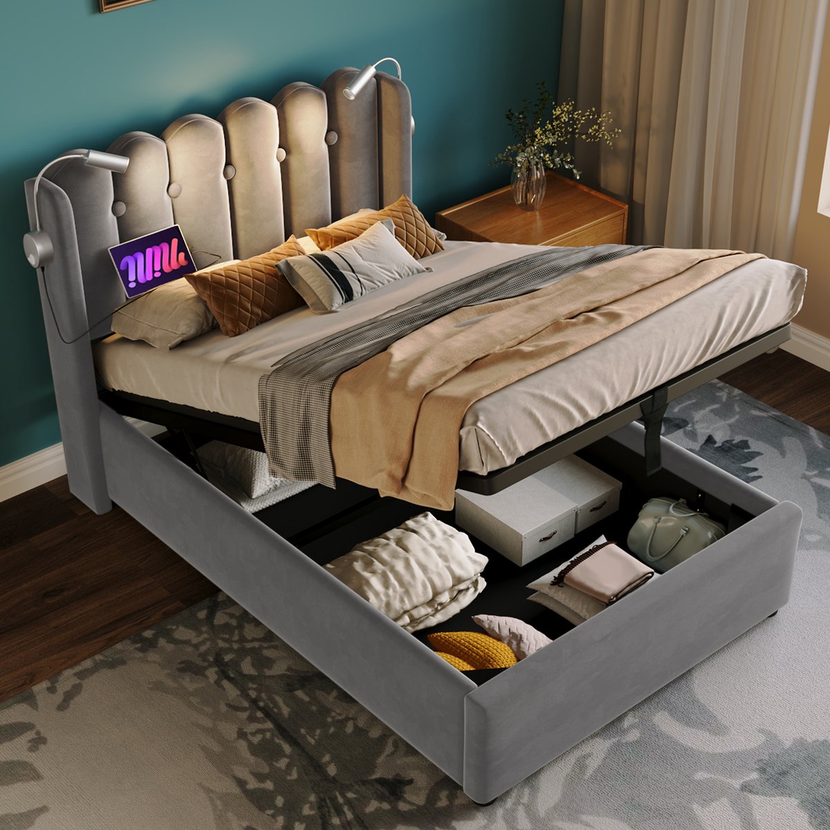 MODFU Bedframe 90x200 cm – Grijs fluweel met leeslamp & 2 USB – Hydraulisch