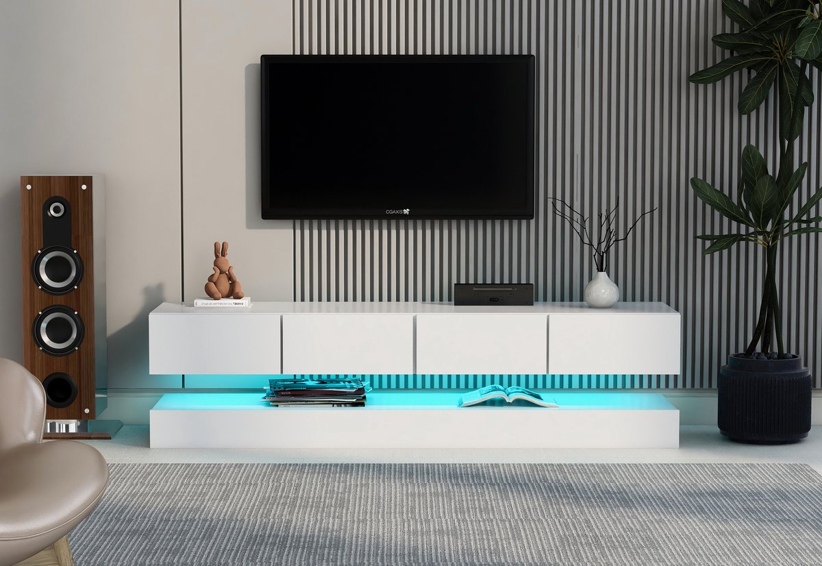 Wishdor - Wandgemonteerd Tv-Meubel Met Ledverlichting - 4 Lades En 2 Kasten - App-Bluetoot