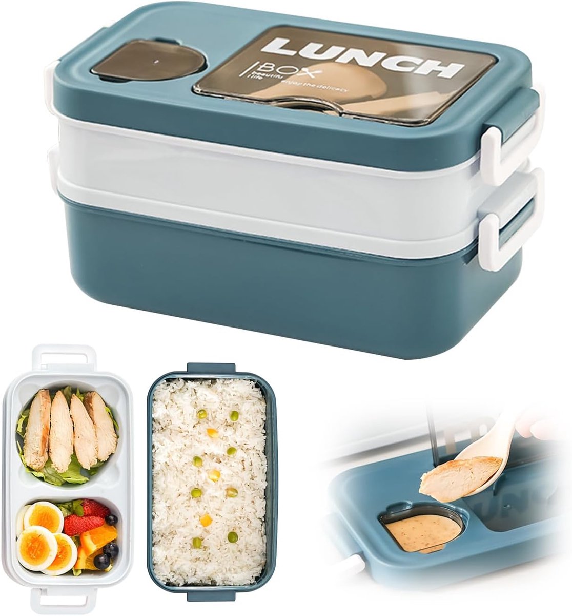 Tweelaagse lunchbox – Umami portedejeuner met sauspotjes en ustensiles, magnetronverwarmba