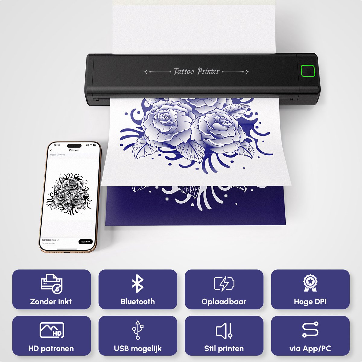 Newyes Draadloze Tattoo Printer Voor Stencils - Incl. 10 Stuks Transferpapier - Thermische Printer - Thermal Mini - A4 Miniprinter met App - Stencil Printer Met Transfer Papier - Thermo Printen - Stencils Printen Machine — afbeelding 2