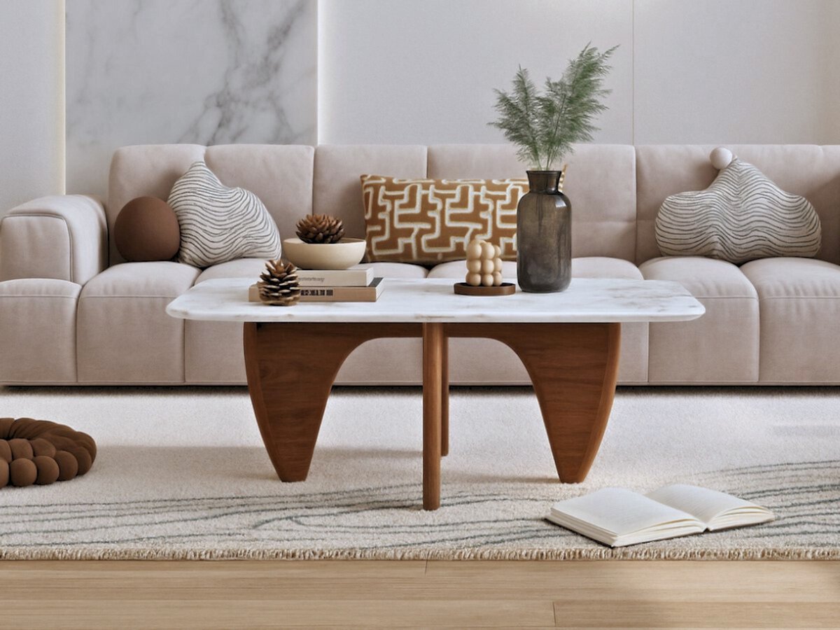 Salontafel Marmer - Walnoot Hout - Marmer blad - Vierkant - Coffee table - Koffietafel