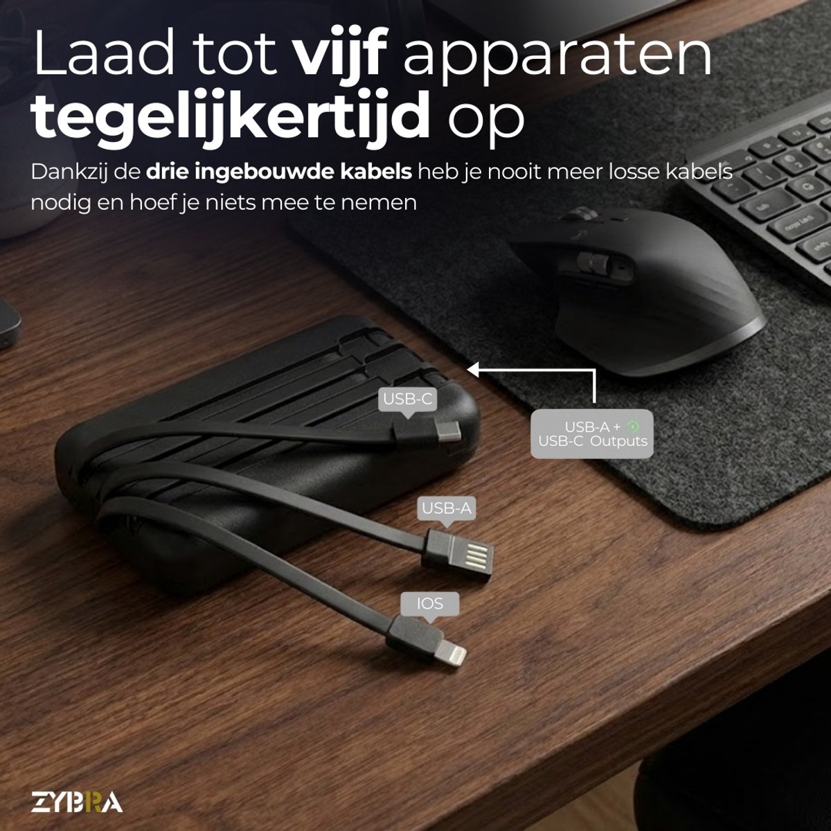 Zybra® Powerbank 20000 mAh Snellader met Ingebouwde Kabels - afbeelding 3