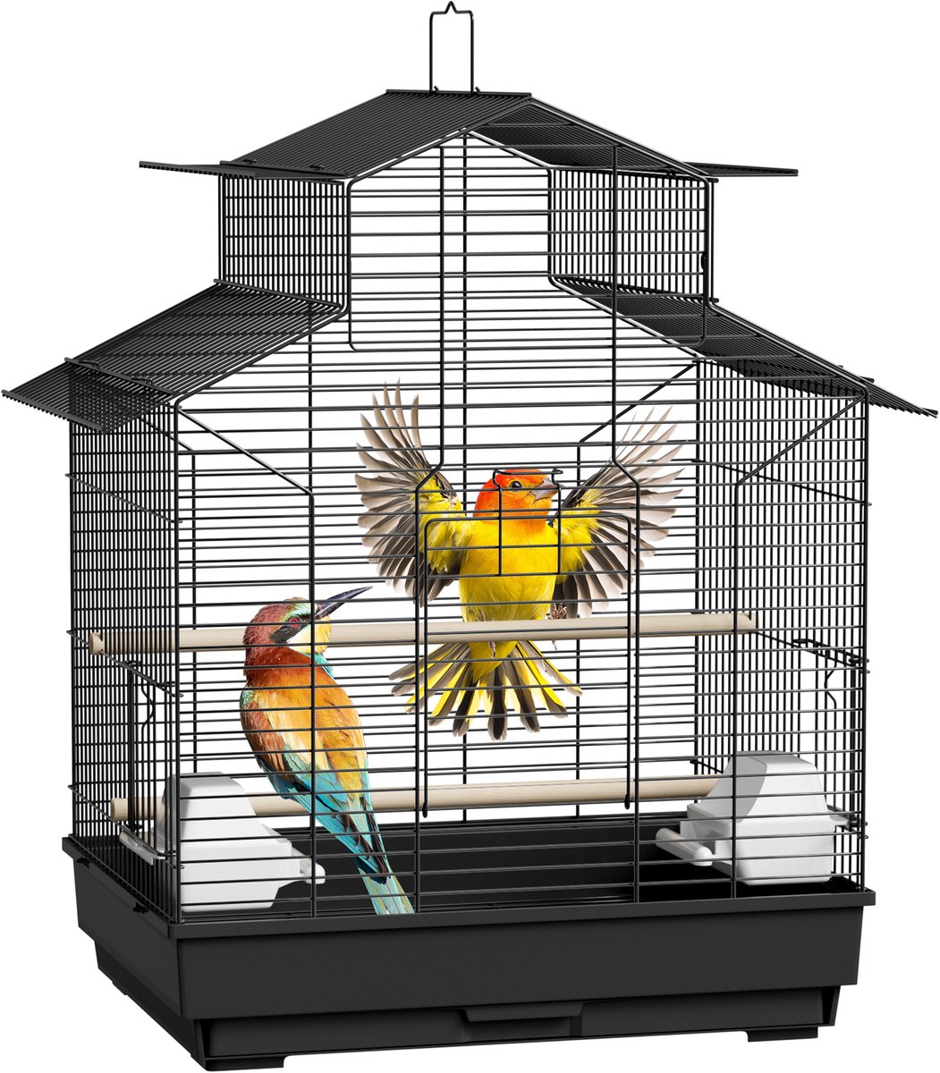 Froadp Vogelkooi Parkietkooi Metaal 46 x 36 x 62 cm Grote kooi voor parkieten, kanaries en exotische vogels met praktisch te openen dak, 2 voederhuisjes, 2 zitstokken en verwijderbare mestplaat