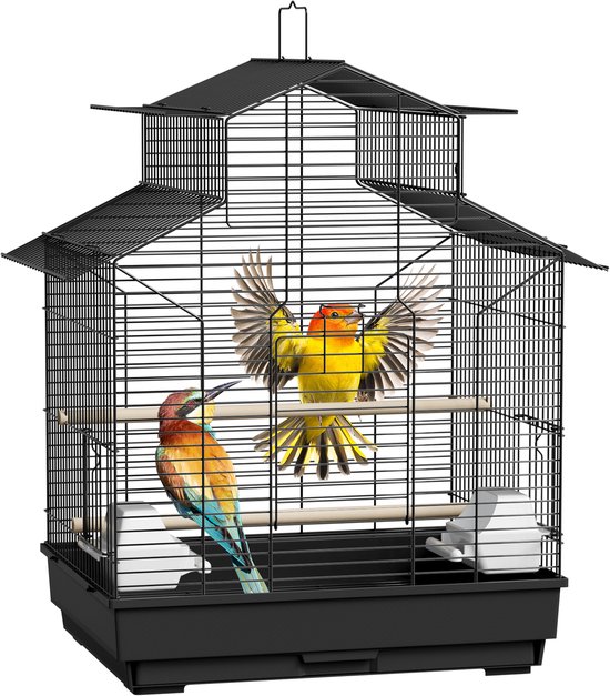 Froadp Cage à oiseaux Cage à perruches Métal 46 x 36 x 62 cm Grande cage pour perruches, canaris et oiseaux exotiques avec toit pratique à ouvrir, 2 mangeoires, 2 perchoirs et plateau à fientes amovible