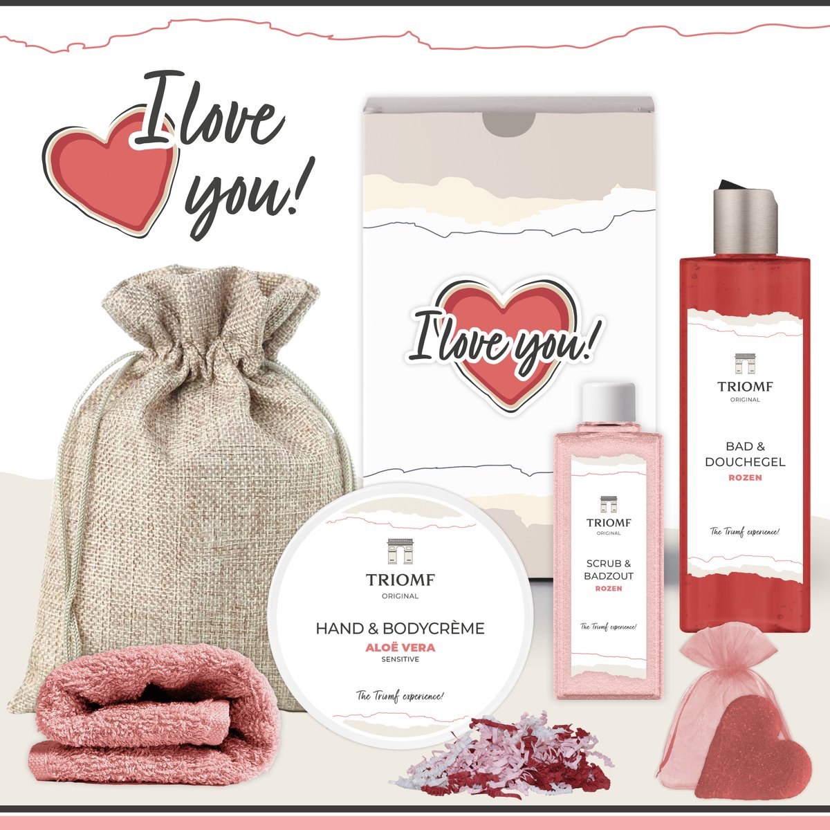 Geschenkset “I Love You!” - 6 producten - 680 gram | Triomf Original - Giftset voor haar - Verjaardag Cadeau Valentijnsdag Valentijn Luxe wellness cadeaubox Vriendin Vrouw Meisje Cadeaupakket Liefde Geschenk Pakket Douchegel Gift Set Rood Roze